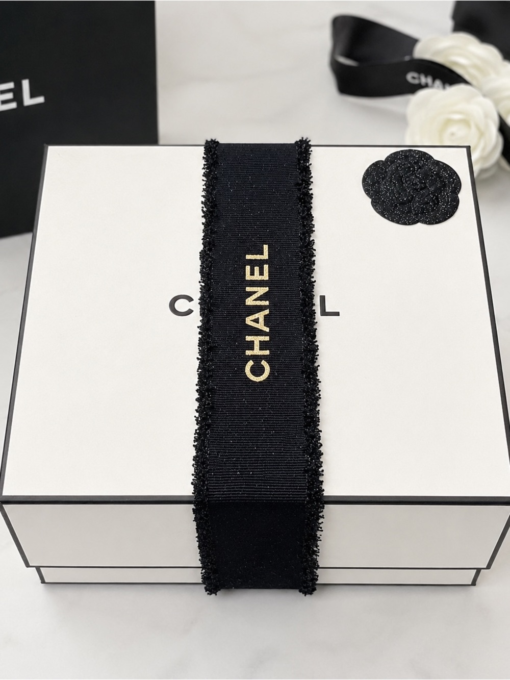 CHANEL Black and White Branded Gift Box with Ribbon
